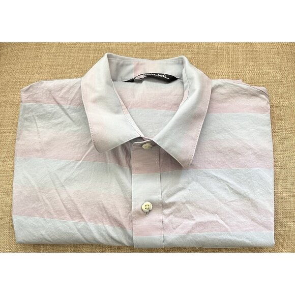 Travis Mathew Shirt Mens M Purple Blue Golf Button Up Stretch Striped Casual - Picture 10 of 10
